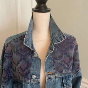Upcycled Denim Jeans Jacket with Bargello tapestry print on shoulders and back